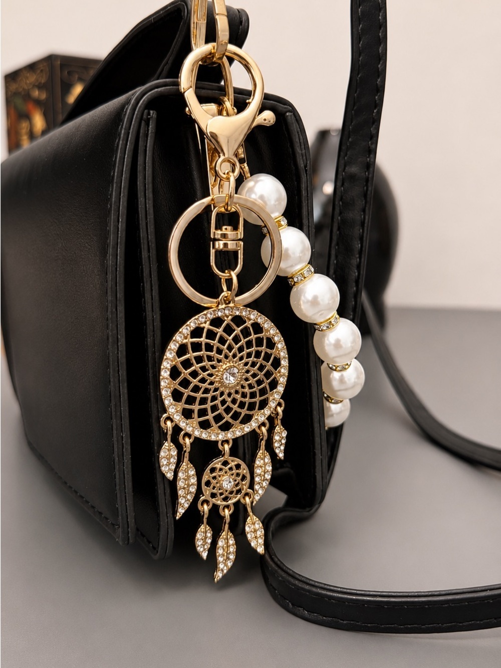 Gold Dreamcatcher Keychain, Boho Bag Charm, Rhinestone Purse Charm Gift - Picture 3 of 4